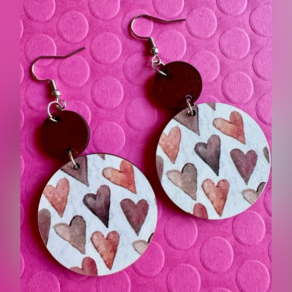 New Pink & Mocha Brown Hearts Wooden Circle Statement Dangle Earrings - 3” - Picture 6 of 6